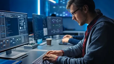 A male software engineer working with a computer